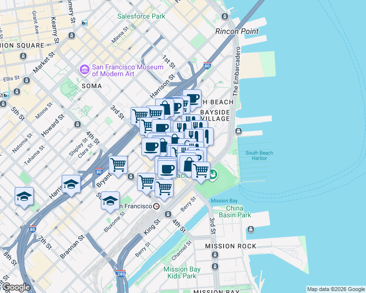 map of restaurants, bars, coffee shops, grocery stores, and more near 333 Brannan Street in San Francisco