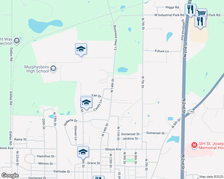 map of restaurants, bars, coffee shops, grocery stores, and more near 1415 N 14th St in Murphysboro