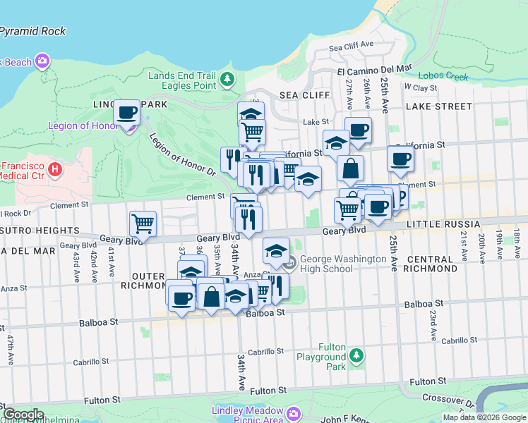 map of restaurants, bars, coffee shops, grocery stores, and more near 445 32nd Avenue in San Francisco
