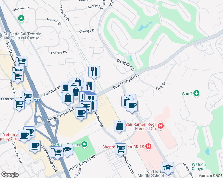 map of restaurants, bars, coffee shops, grocery stores, and more near 3401 Crow Canyon Road in San Ramon