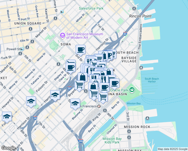map of restaurants, bars, coffee shops, grocery stores, and more near 500 3rd Street in San Francisco