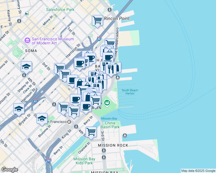 map of restaurants, bars, coffee shops, grocery stores, and more near 44 King Street in San Francisco