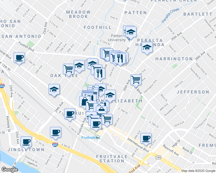 map of restaurants, bars, coffee shops, grocery stores, and more near 3311 East 17th Street in Oakland