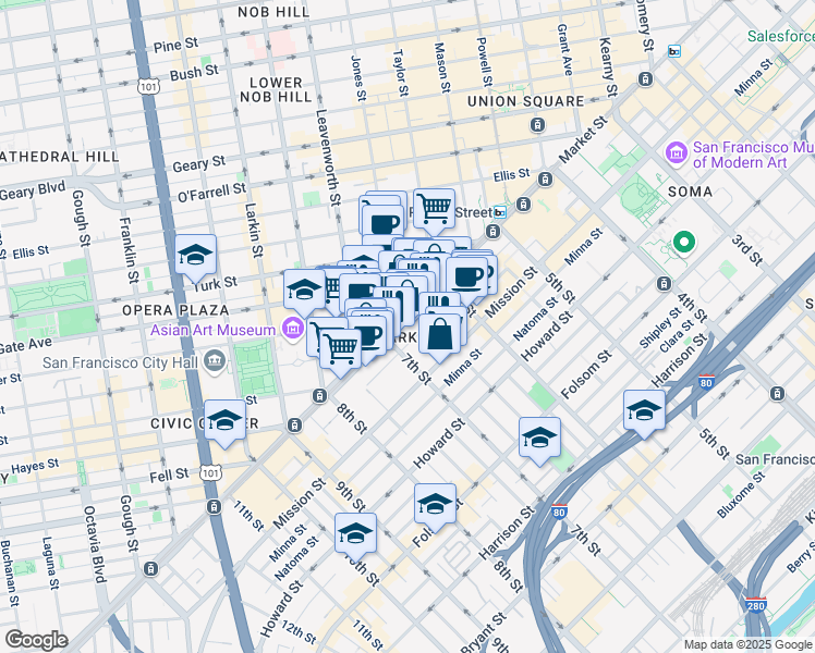 map of restaurants, bars, coffee shops, grocery stores, and more near 1100 Market Street in San Francisco