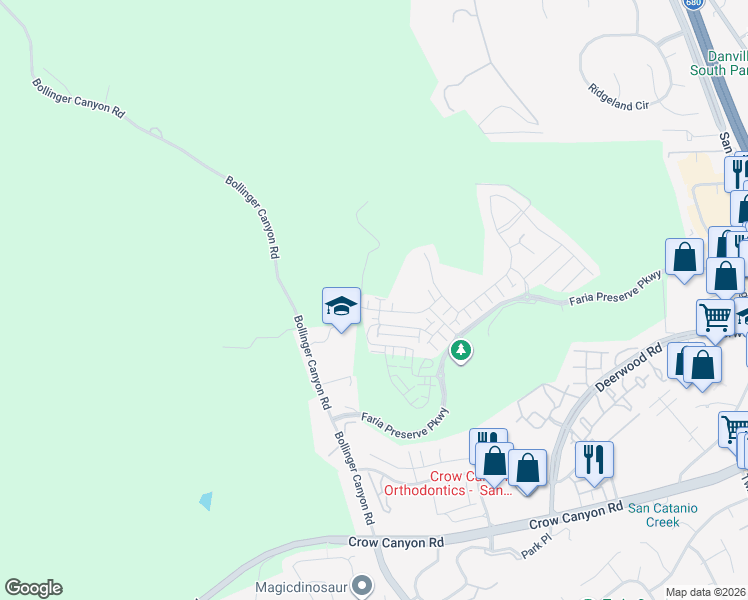 map of restaurants, bars, coffee shops, grocery stores, and more near 57109 Via Vicenza in San Ramon