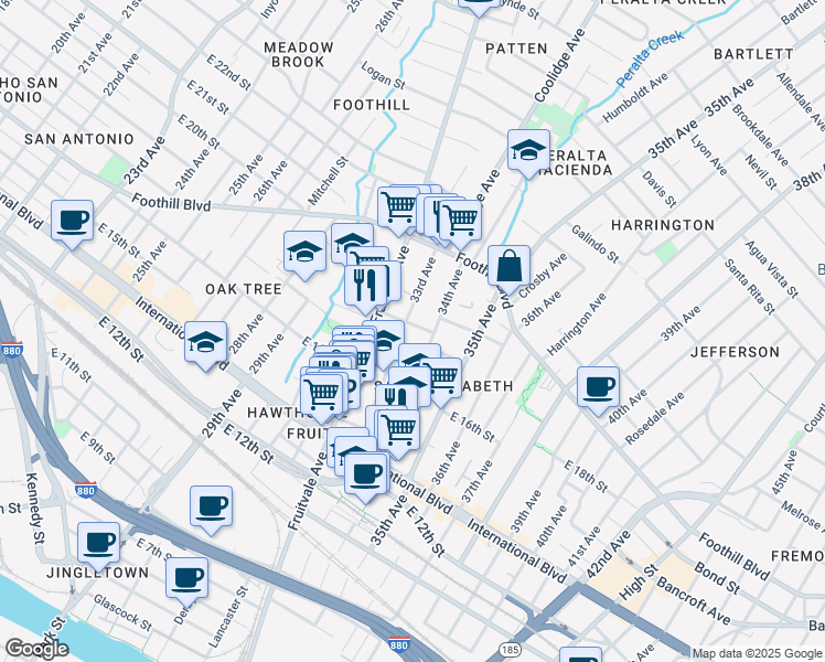 map of restaurants, bars, coffee shops, grocery stores, and more near 3311 East 17th Street in Oakland