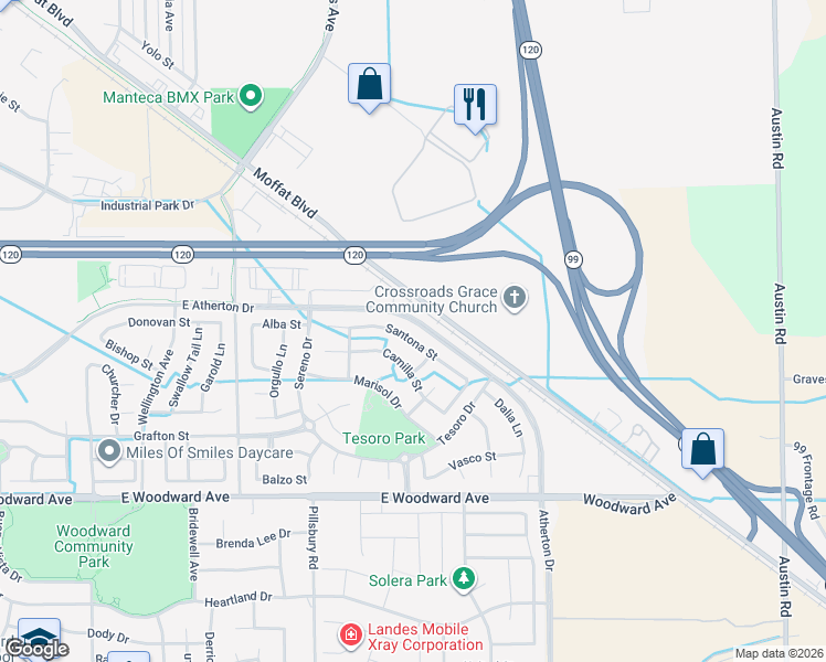 map of restaurants, bars, coffee shops, grocery stores, and more near 1368 Santona Street in Manteca