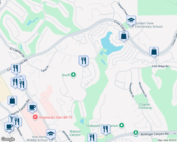 map of restaurants, bars, coffee shops, grocery stores, and more near 3094 Lakemont Drive in San Ramon