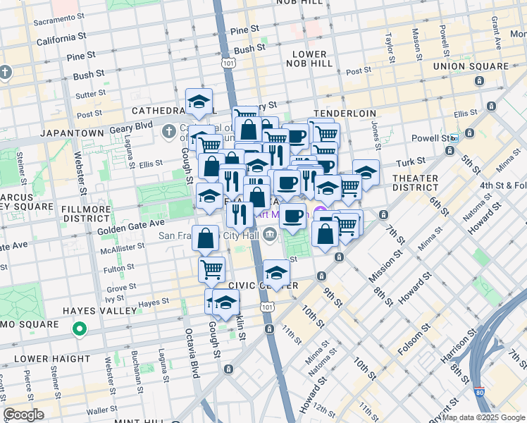 map of restaurants, bars, coffee shops, grocery stores, and more near 555 Golden Gate Avenue in San Francisco