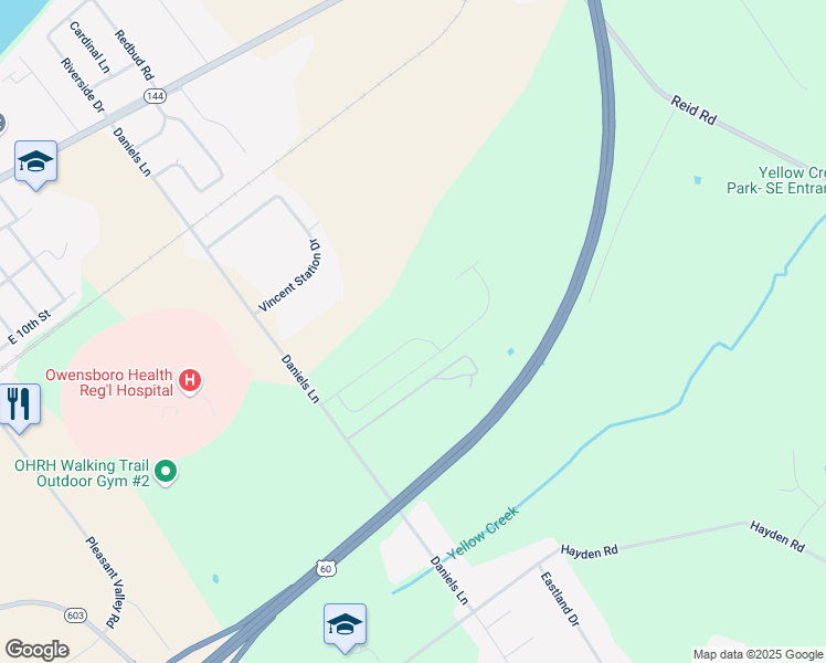 map of restaurants, bars, coffee shops, grocery stores, and more near 1301-1601 Daniels Lane in Owensboro