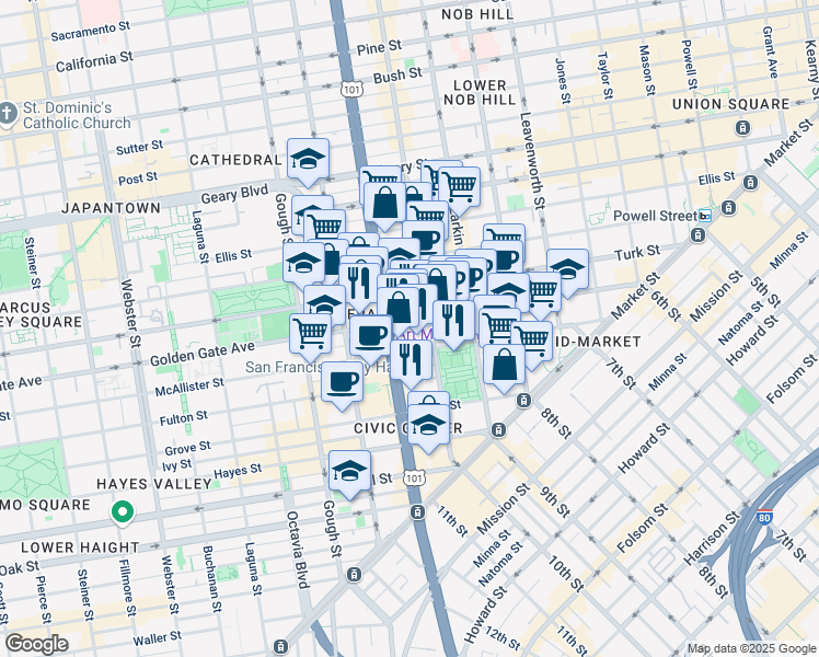 map of restaurants, bars, coffee shops, grocery stores, and more near 555 Golden Gate Avenue in San Francisco