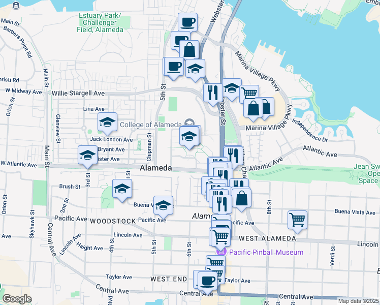 map of restaurants, bars, coffee shops, grocery stores, and more near 555 Ralph Appezzato Memorial Parkway in Alameda