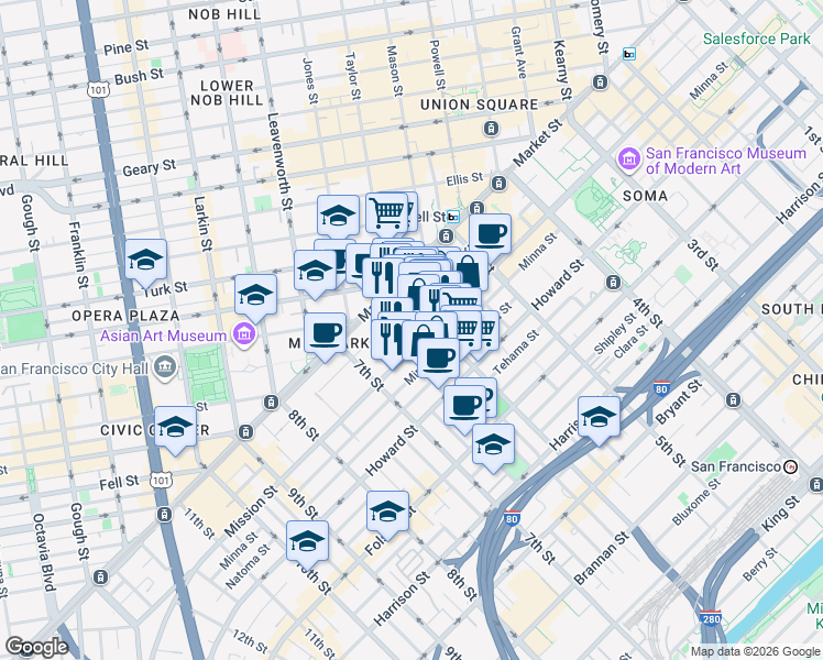 map of restaurants, bars, coffee shops, grocery stores, and more near 1013 Mission Street in San Francisco
