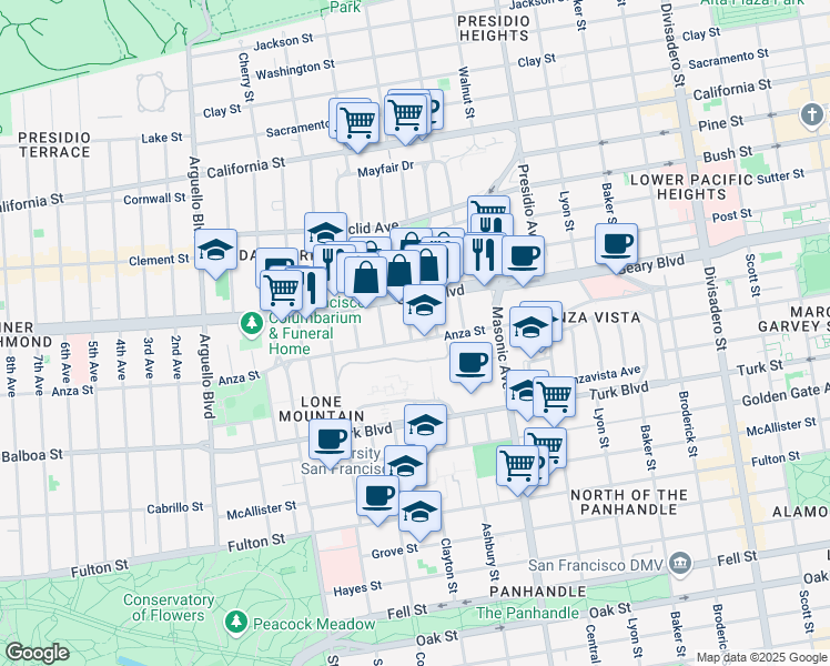 map of restaurants, bars, coffee shops, grocery stores, and more near 367 Anza Street in San Francisco