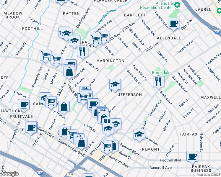 map of restaurants, bars, coffee shops, grocery stores, and more near 2106 39th Avenue in Oakland