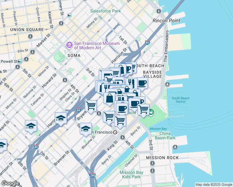 map of restaurants, bars, coffee shops, grocery stores, and more near 181 South Park Street in San Francisco