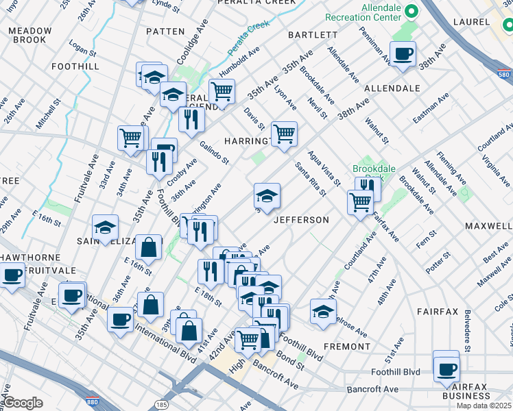 map of restaurants, bars, coffee shops, grocery stores, and more near 2106 39th Avenue in Oakland
