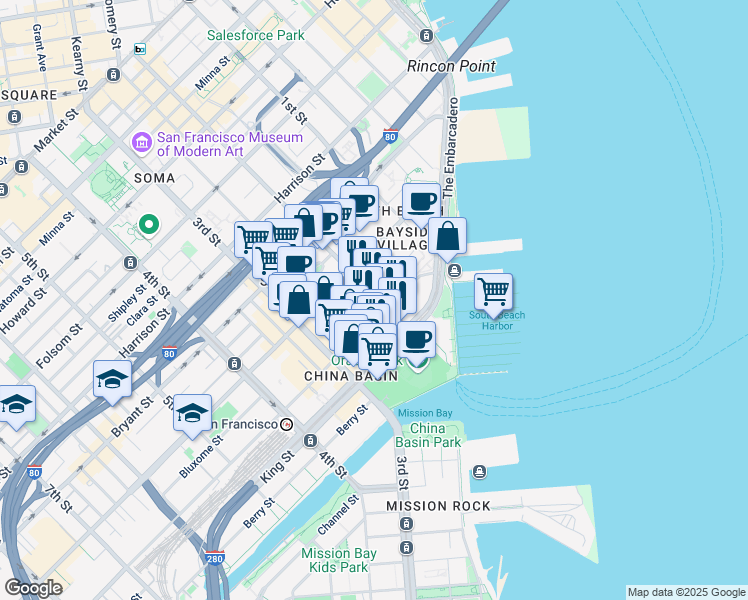 map of restaurants, bars, coffee shops, grocery stores, and more near 88 Townsend Street in San Francisco