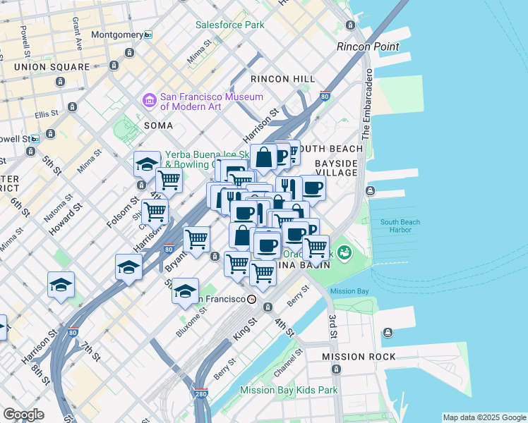 map of restaurants, bars, coffee shops, grocery stores, and more near 380 Brannan Street in San Francisco