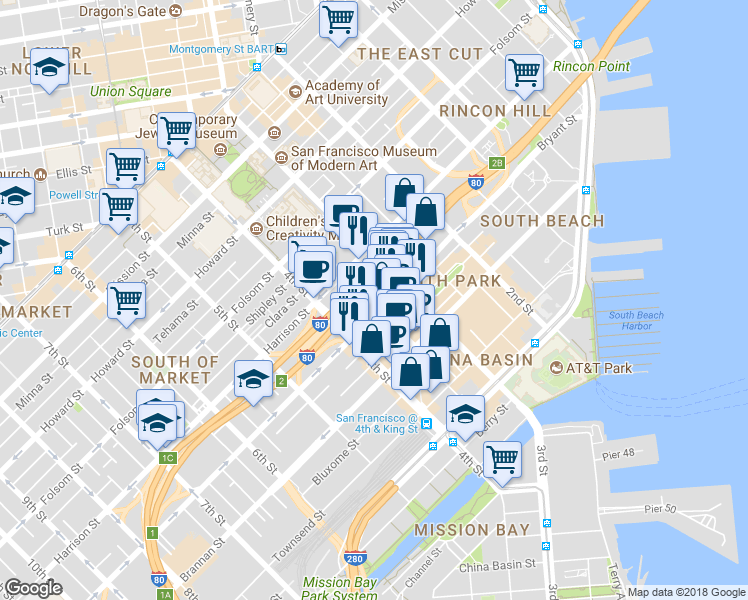 map of restaurants, bars, coffee shops, grocery stores, and more near 546 Bryant Street in San Francisco