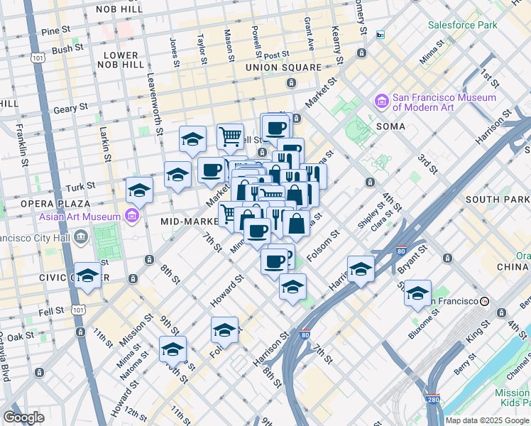 map of restaurants, bars, coffee shops, grocery stores, and more near in San Francisco