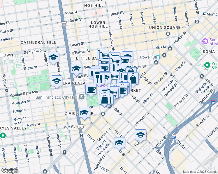 map of restaurants, bars, coffee shops, grocery stores, and more near 200 McAllister Street in San Francisco
