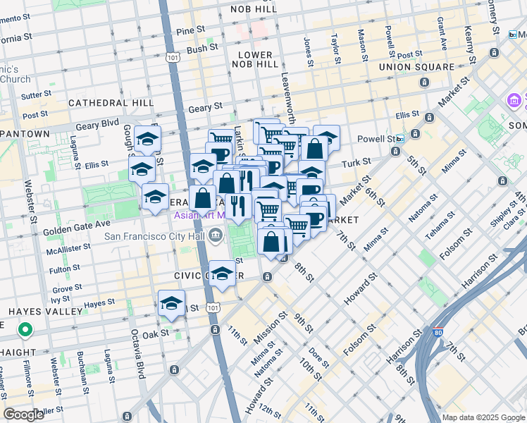 map of restaurants, bars, coffee shops, grocery stores, and more near 50 United Nations Plaza in San Francisco