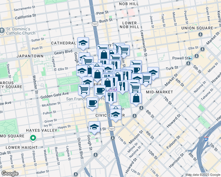 map of restaurants, bars, coffee shops, grocery stores, and more near in San Francisco