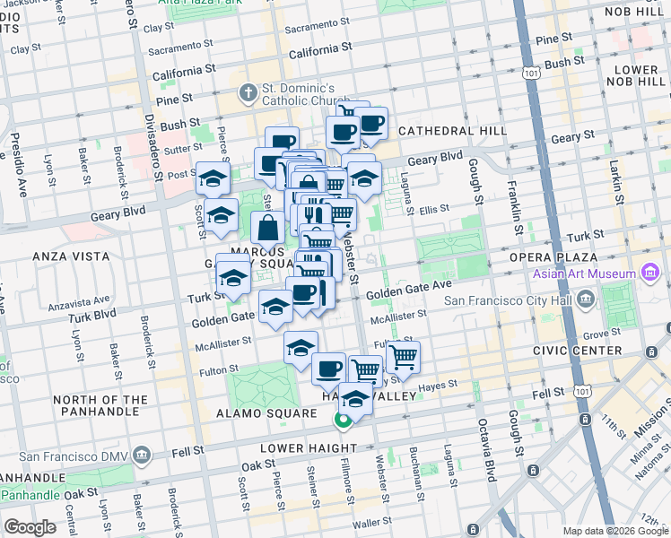 map of restaurants, bars, coffee shops, grocery stores, and more near 1109 Fillmore Street in San Francisco
