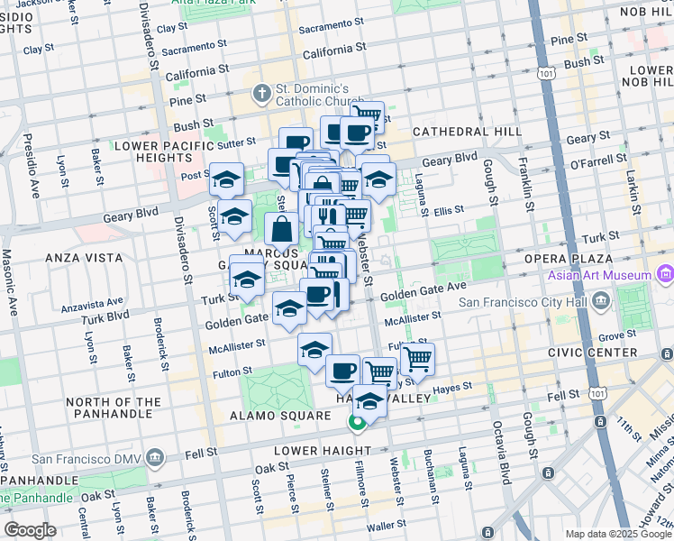 map of restaurants, bars, coffee shops, grocery stores, and more near 1109 Fillmore Street in San Francisco