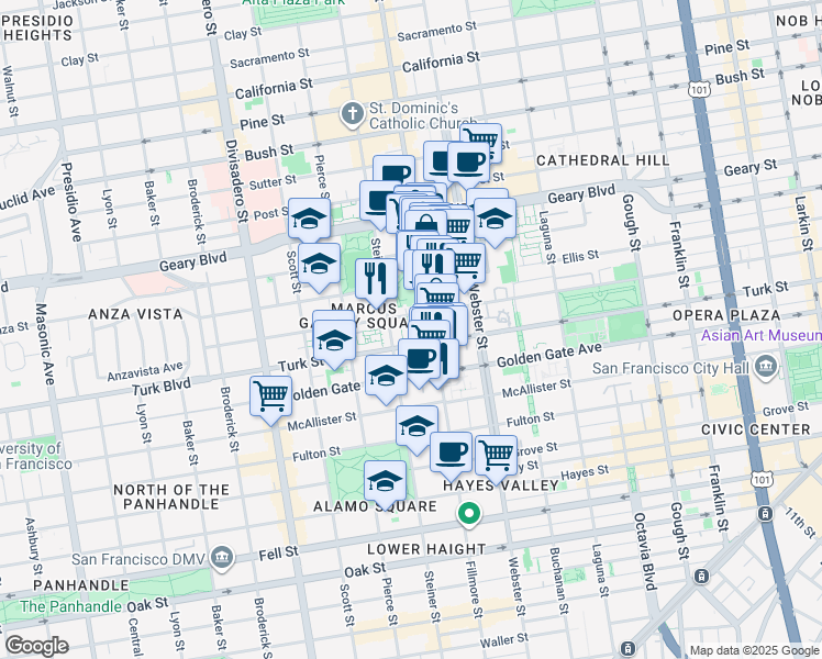 map of restaurants, bars, coffee shops, grocery stores, and more near 1430 Turk Street in San Francisco