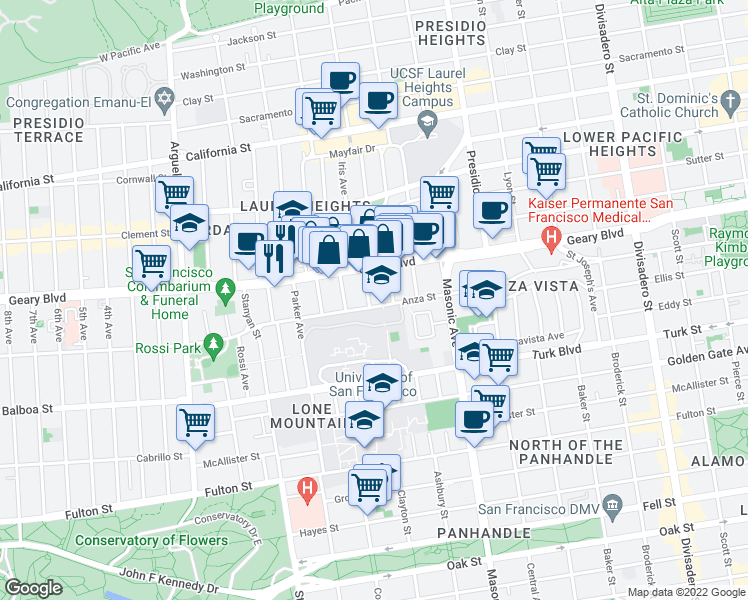 map of restaurants, bars, coffee shops, grocery stores, and more near 397 Anza Street in San Francisco