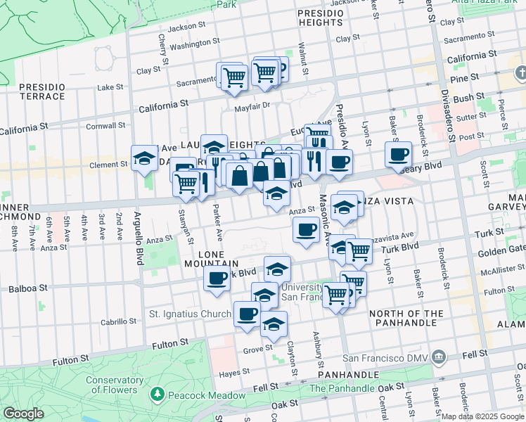 map of restaurants, bars, coffee shops, grocery stores, and more near 367 Anza Street in San Francisco