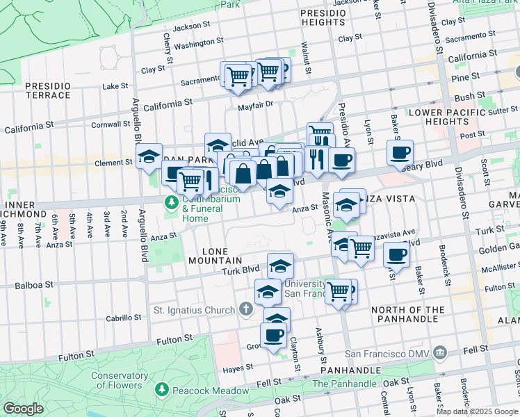 map of restaurants, bars, coffee shops, grocery stores, and more near 367 Anza Street in San Francisco