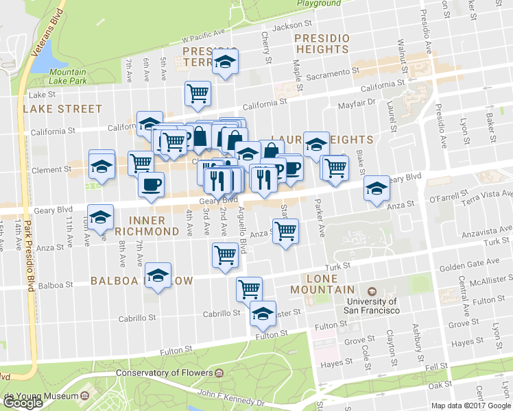 map of restaurants, bars, coffee shops, grocery stores, and more near 540 Arguello Boulevard in San Francisco