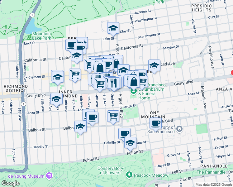 map of restaurants, bars, coffee shops, grocery stores, and more near 441a 2nd Avenue in San Francisco