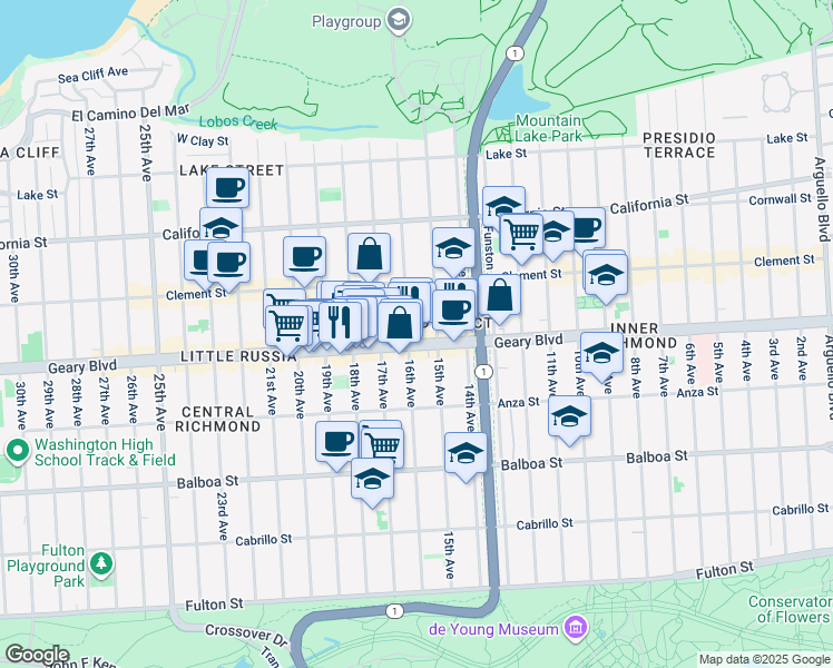 map of restaurants, bars, coffee shops, grocery stores, and more near 404 16th Avenue in San Francisco