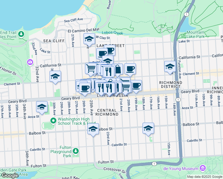 map of restaurants, bars, coffee shops, grocery stores, and more near 5860 Geary Boulevard in San Francisco