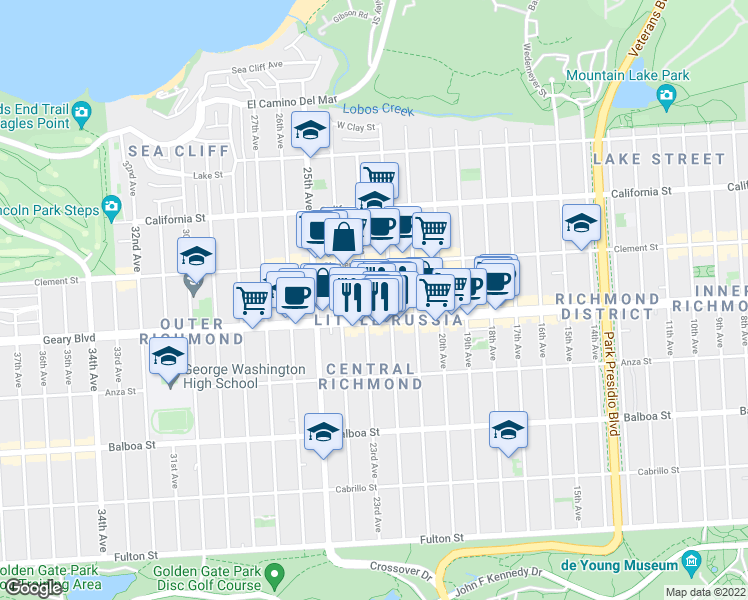 map of restaurants, bars, coffee shops, grocery stores, and more near 5860 Geary Boulevard in San Francisco