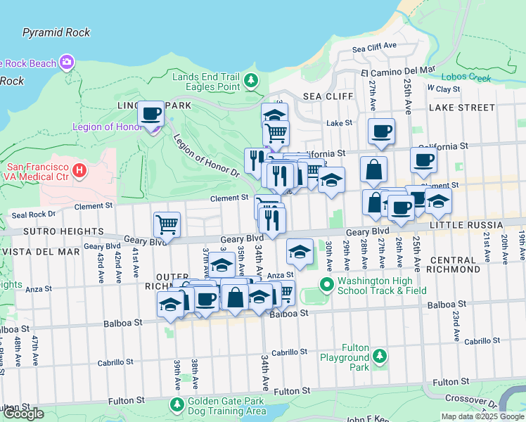 map of restaurants, bars, coffee shops, grocery stores, and more near 455 34th Avenue in San Francisco