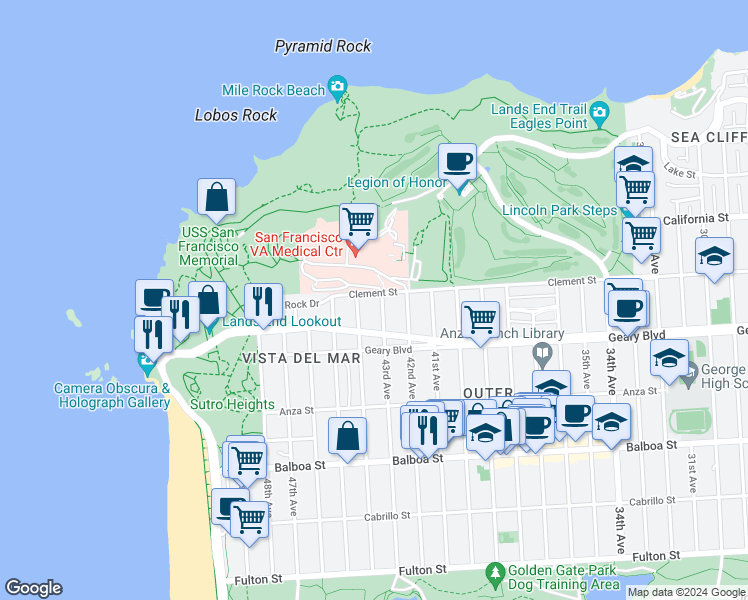 map of restaurants, bars, coffee shops, grocery stores, and more near 424 44th Avenue in San Francisco