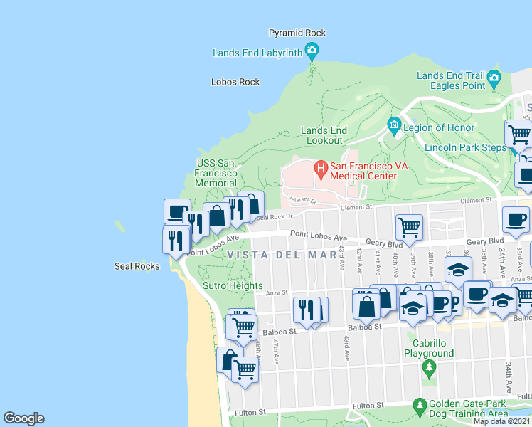 map of restaurants, bars, coffee shops, grocery stores, and more near 9 Alta Mar Way in San Francisco