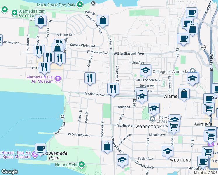 map of restaurants, bars, coffee shops, grocery stores, and more near 2143 Main Street in Alameda
