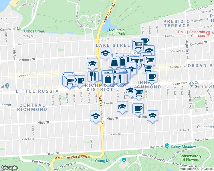 map of restaurants, bars, coffee shops, grocery stores, and more near 4826 Geary Boulevard in San Francisco
