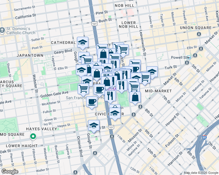 map of restaurants, bars, coffee shops, grocery stores, and more near in San Francisco