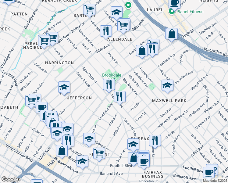 map of restaurants, bars, coffee shops, grocery stores, and more near 2418 High Street in Oakland