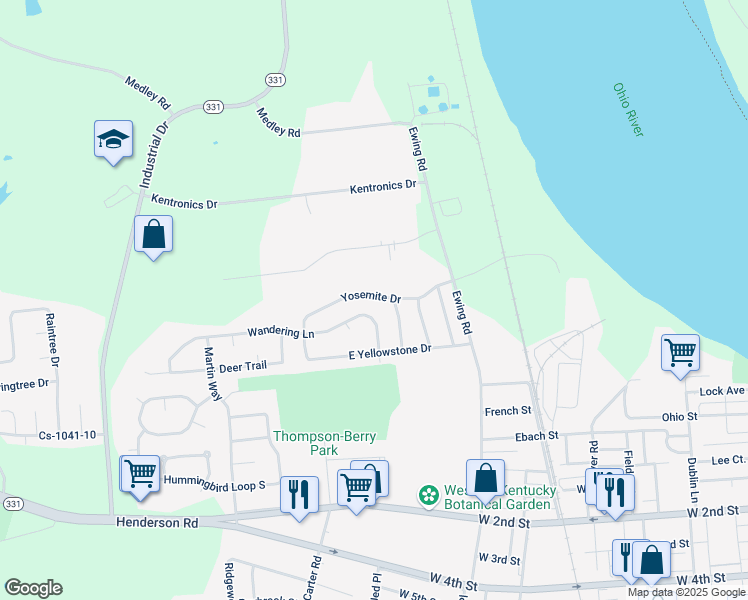 map of restaurants, bars, coffee shops, grocery stores, and more near 2826 Yosemite Drive in Owensboro