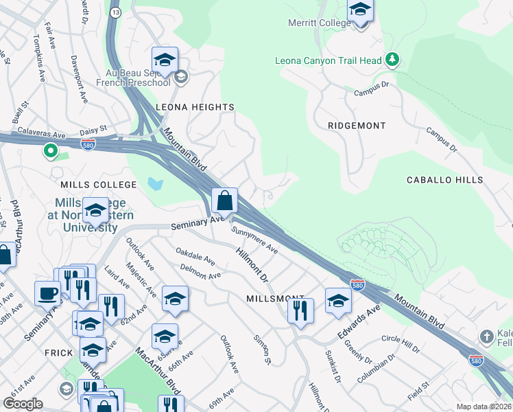 map of restaurants, bars, coffee shops, grocery stores, and more near 6239 Leona Street in Oakland