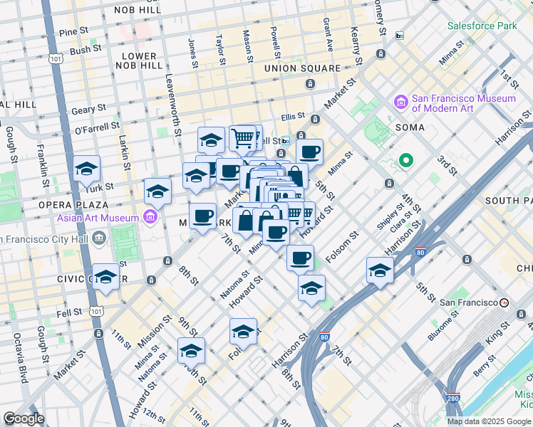 map of restaurants, bars, coffee shops, grocery stores, and more near 1013 Mission Street in San Francisco