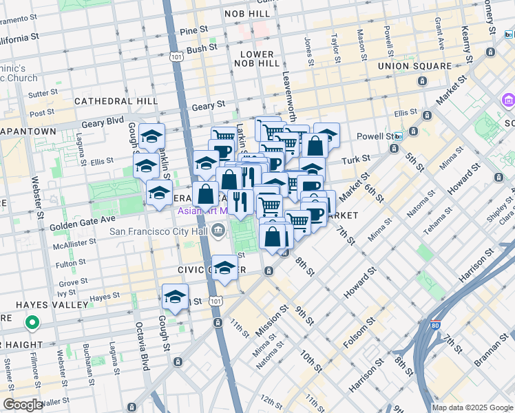 map of restaurants, bars, coffee shops, grocery stores, and more near 272 McAllister Street in San Francisco